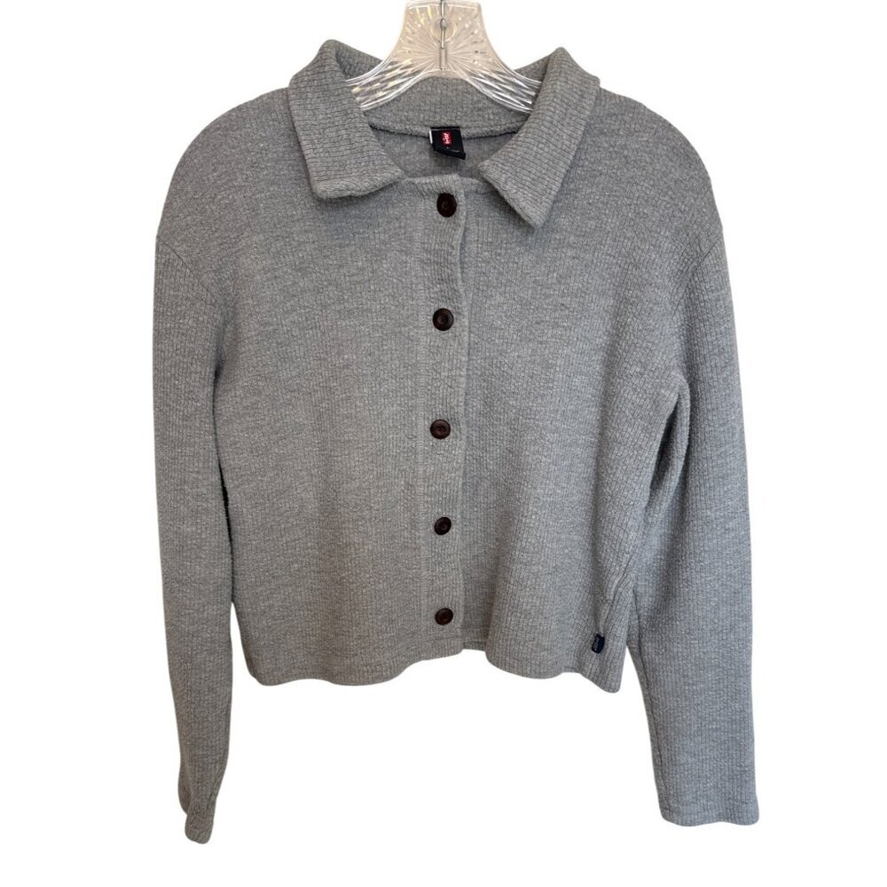 Levis Womens Gray Ribbed Button-Up Cardigan Sweater With Folded Collar Size L